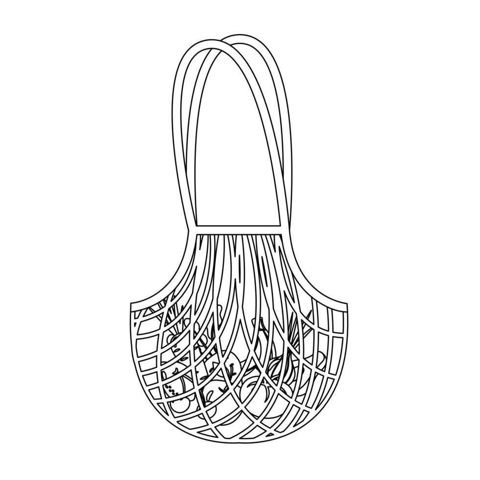 Maschen- oder Netzbeutel mit schwarzer Umrissdarstellung von Obst und Gemüse. vektor