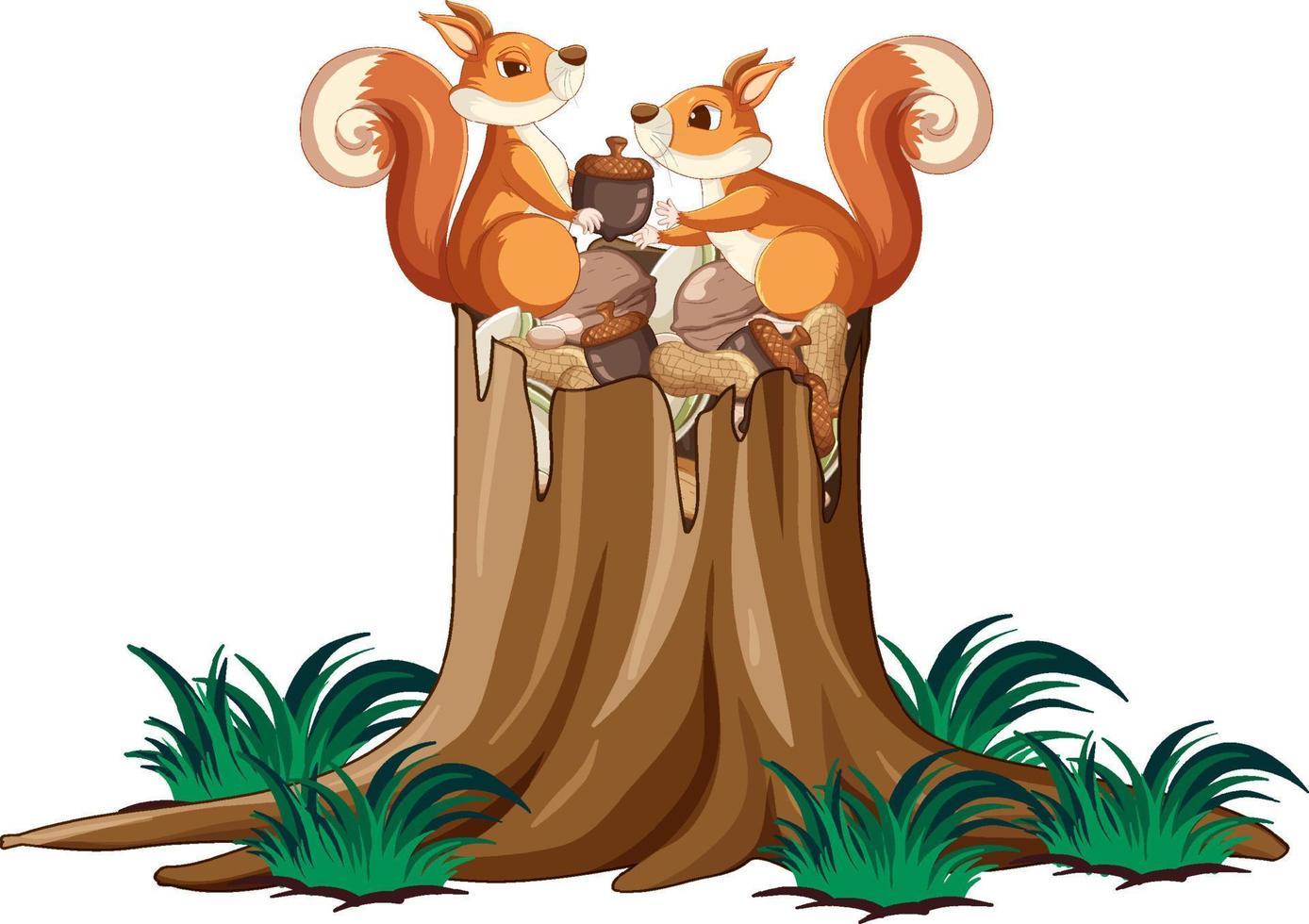 zwei Eichhörnchen und Nüsse im Garten vektor