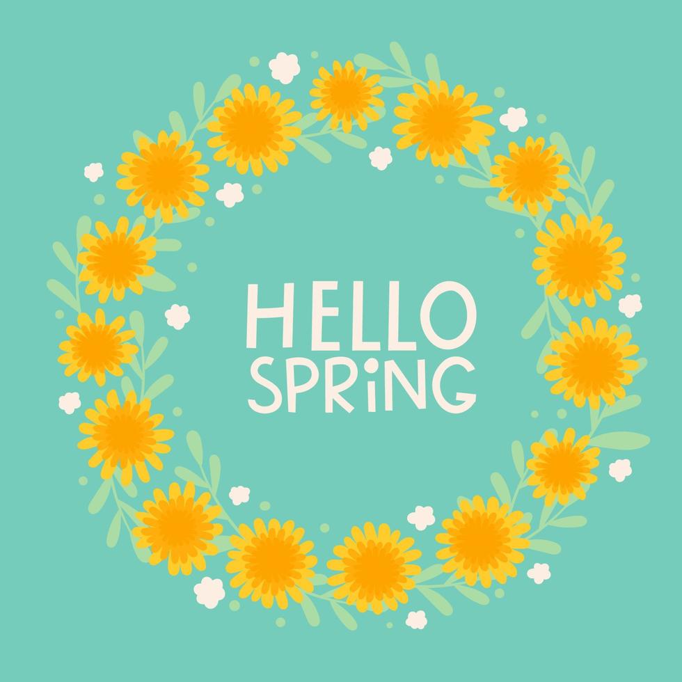 ein Kranz aus Löwenzahn mit dem charakteristischen Hello Spring. niedliche vektorillustration im handgezeichneten stil vektor