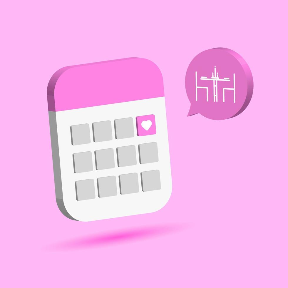 romantisk möte datum påminnelse i 3d kalender arrangör med levande ljus middag ikon vektor