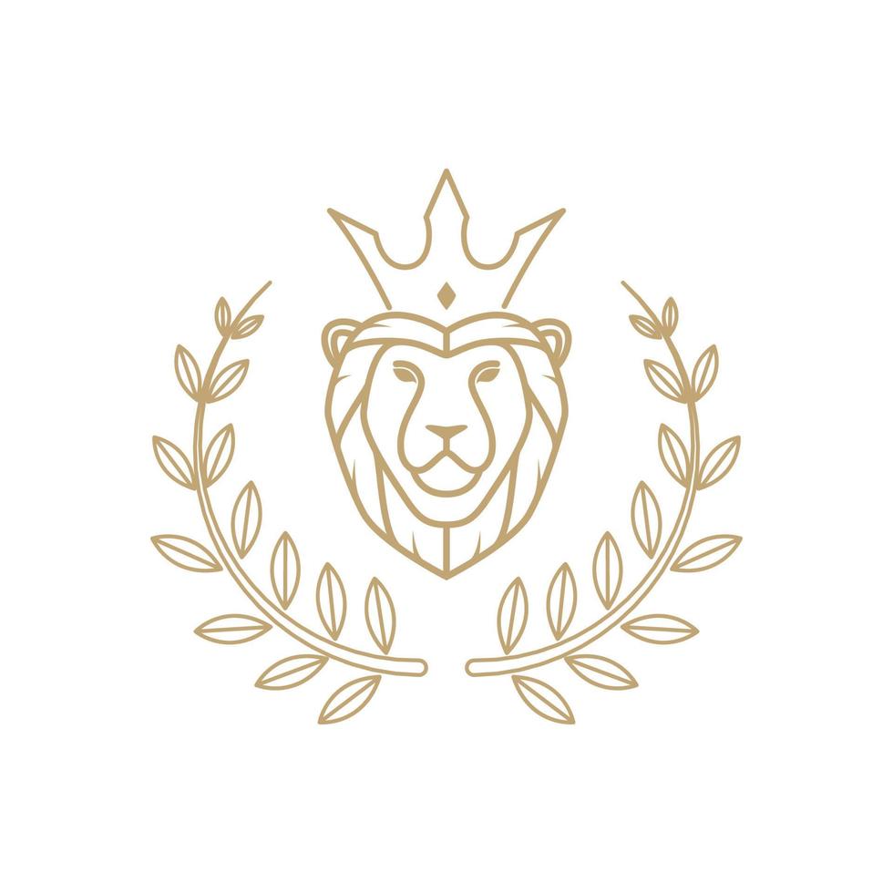 lejon linje med krona och blad badge logotyp design, vektorgrafisk symbol ikon illustration kreativ idé vektor