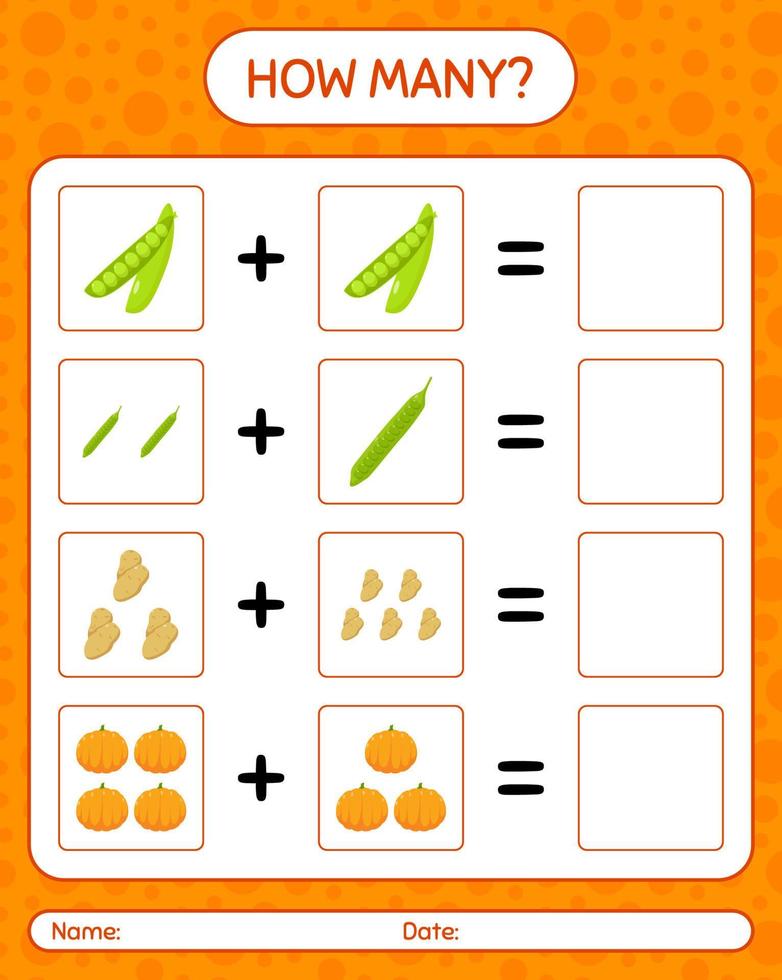 hur många räknar spel med grönsaker. kalkylblad för förskolebarn, aktivitetsblad för barn, utskrivbart kalkylblad vektor