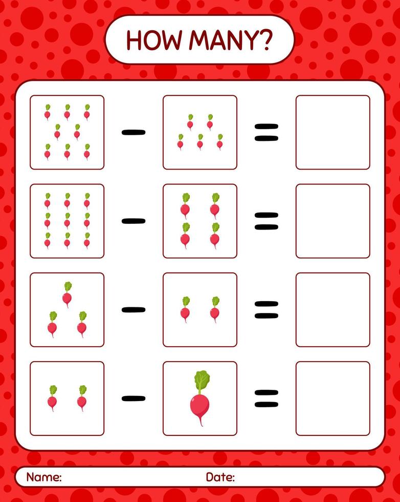 wie viele Zählspiel mit Rettich. arbeitsblatt für vorschulkinder, kinderaktivitätsblatt, druckbares arbeitsblatt vektor