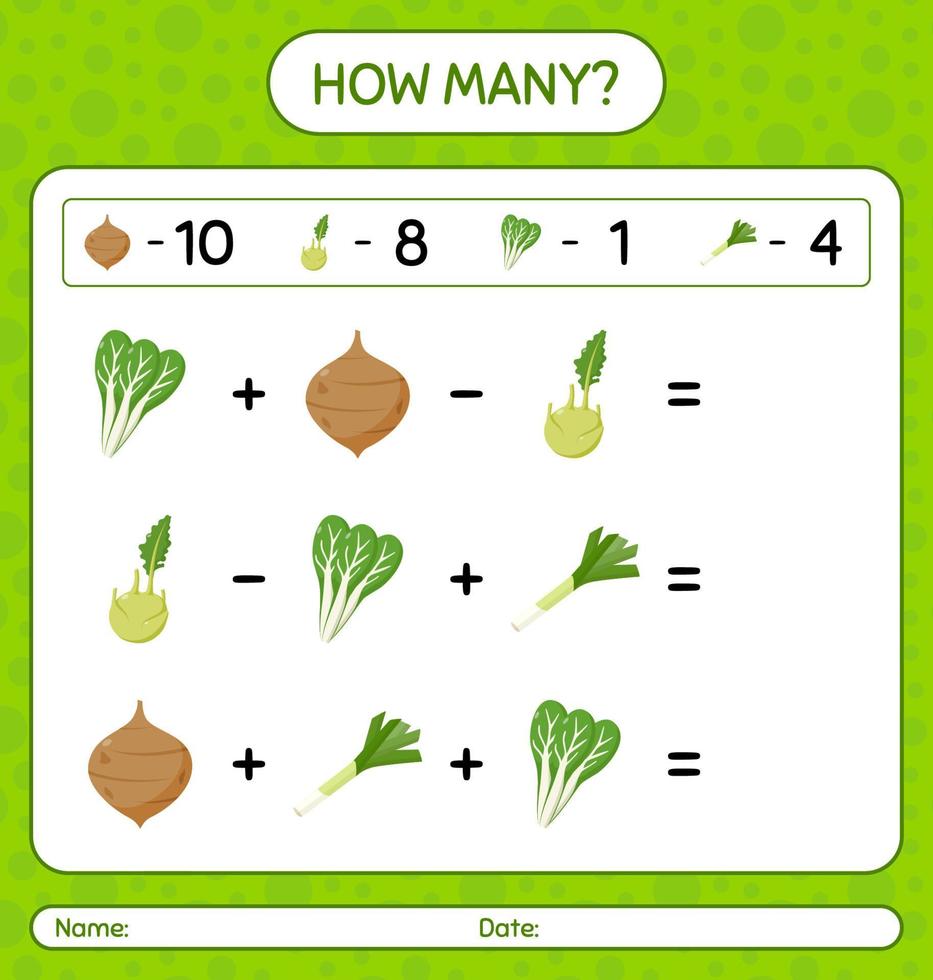 hur många räknar spel med grönsaker. kalkylblad för förskolebarn, aktivitetsblad för barn, utskrivbart kalkylblad vektor