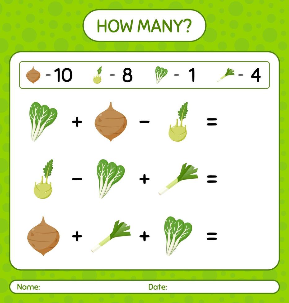 Wie viele Zählspiele mit Gemüse. arbeitsblatt für vorschulkinder, kinderaktivitätsblatt, druckbares arbeitsblatt vektor