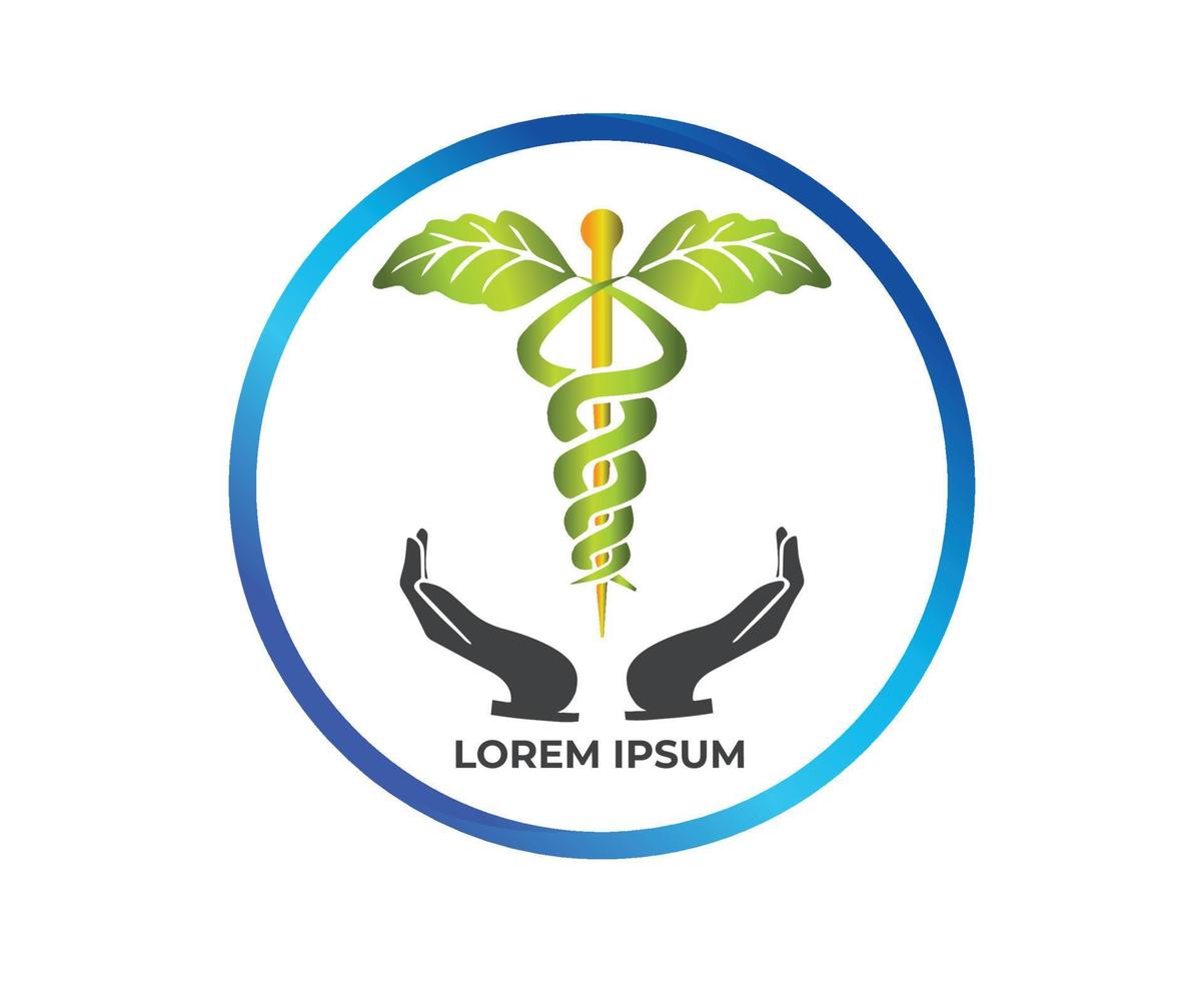 hälsoklinikens logotyp med löv och händer eller logotyper för sjukhus och hälsoinrättningar vektor