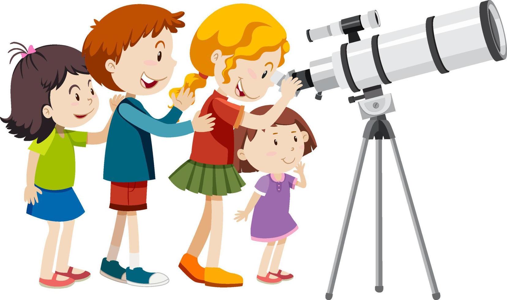 många barn tittar på teleskopet vektor