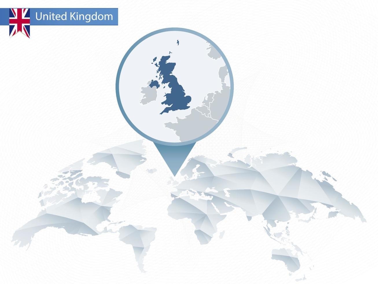 abstrakte abgerundete Weltkarte mit festgesteckter detaillierter Karte des Vereinigten Königreichs. vektor