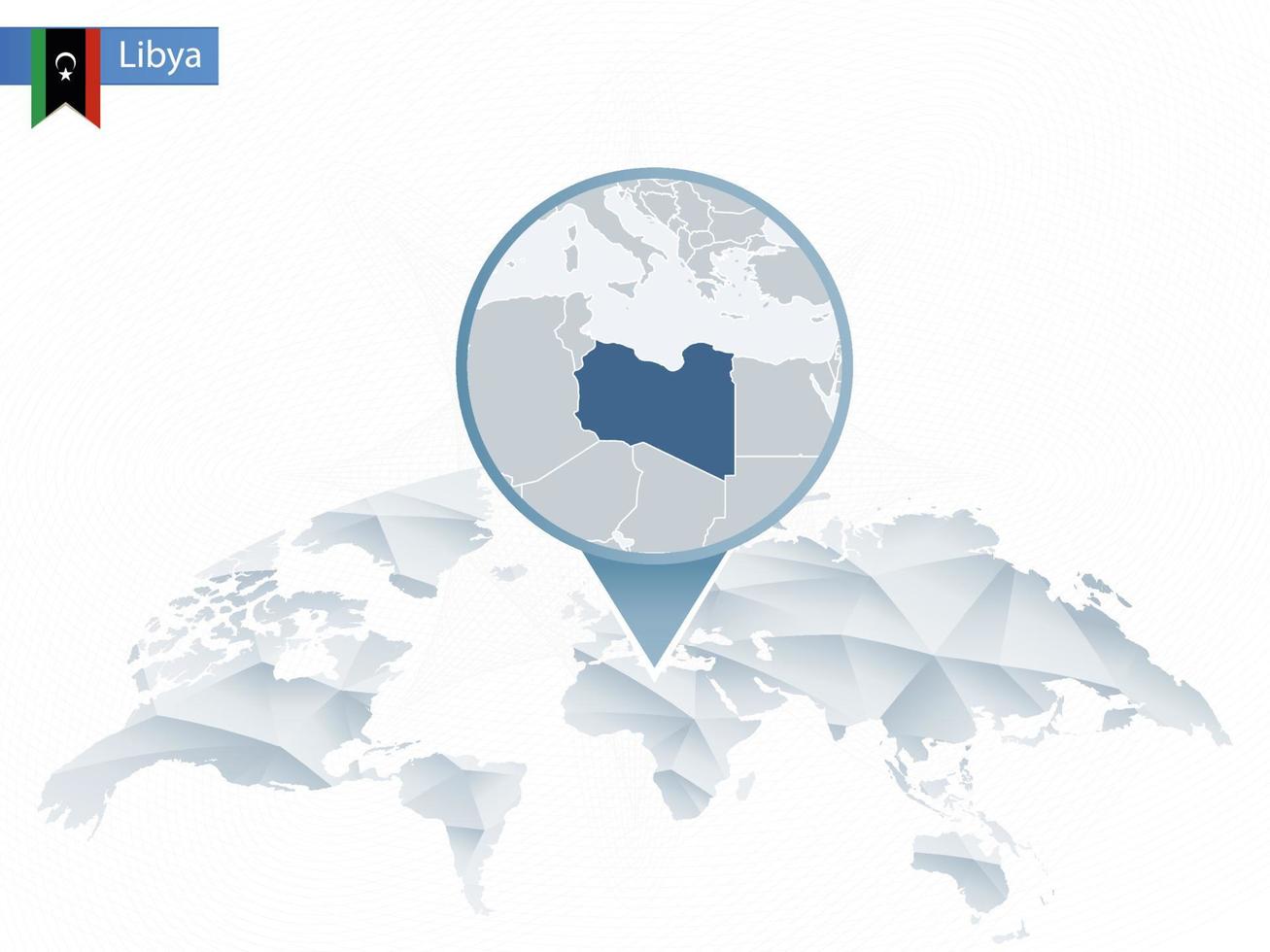 abstrakte abgerundete Weltkarte mit festgesteckter detaillierter Libyen-Karte. vektor