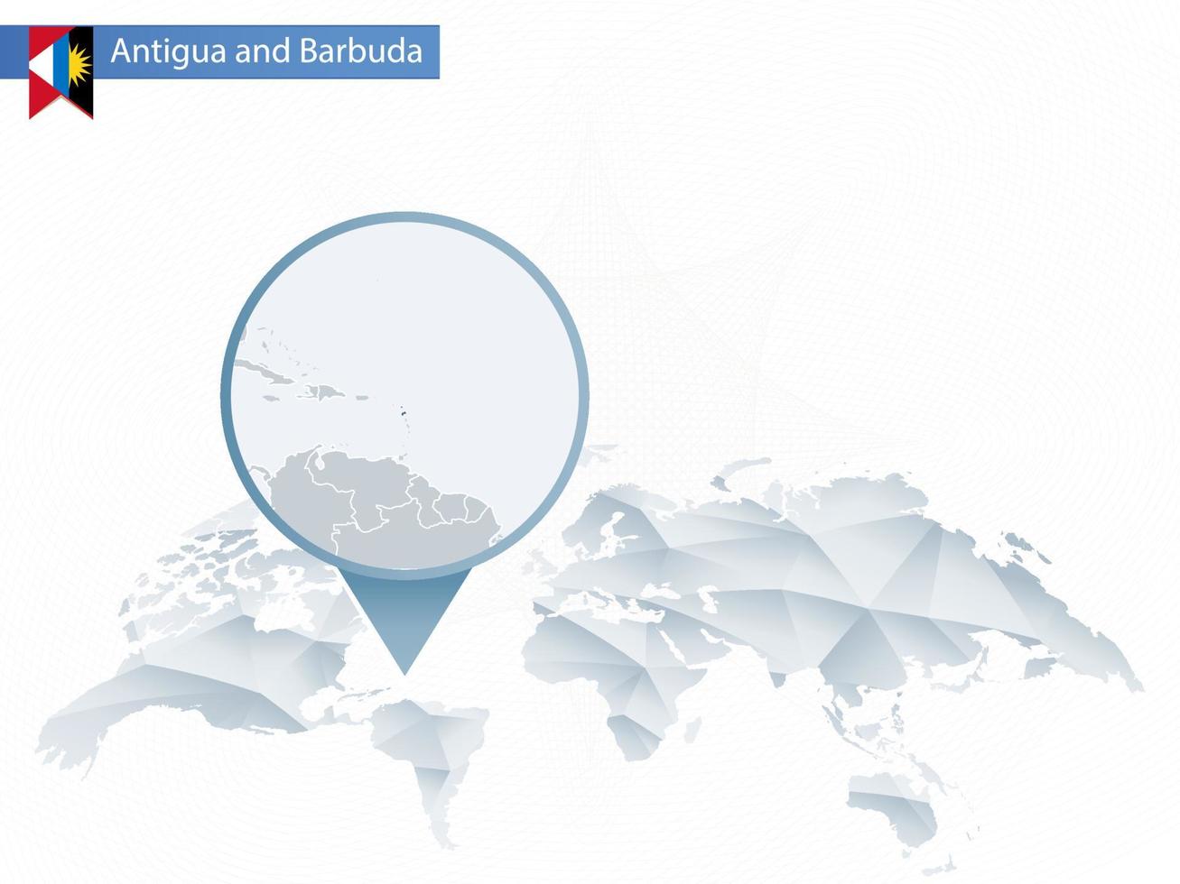 abstrakt rundad världskarta med nålade detaljerad antigua och barbuda karta. vektor