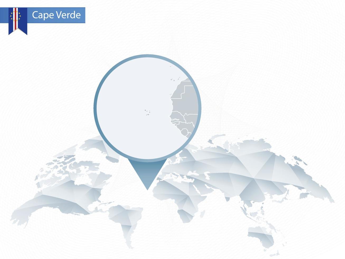 abstrakte abgerundete Weltkarte mit festgesteckter detaillierter Kap-Verde-Karte. vektor