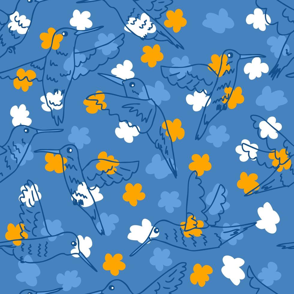 handritad seamless mönster med kolibrier och doodle blommor. vektor
