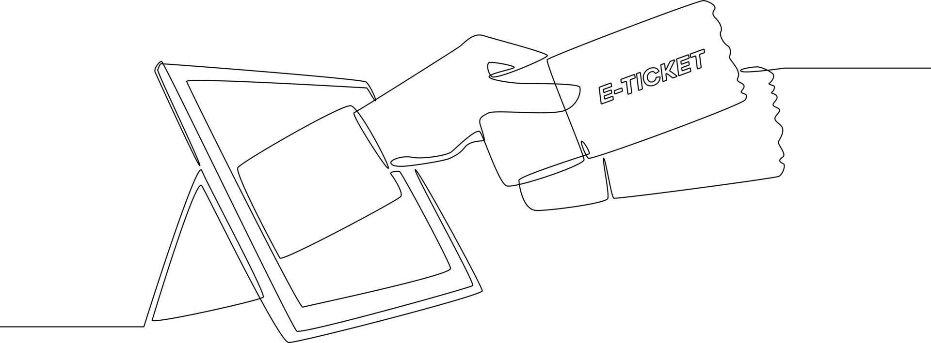 enkel kontinuerlig linjeritning av passagerarens hand flyter ut och håller e-biljett på minisurfplatta. en rad rita design grafisk vektorillustration. vektor