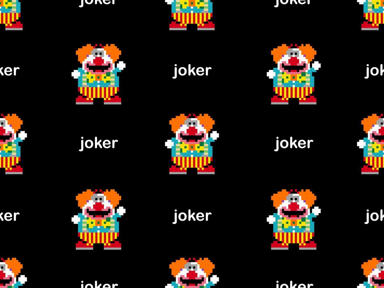 nahtloses muster der joker-cartoon-figur auf schwarzem hintergrund. pixel-stil vektor