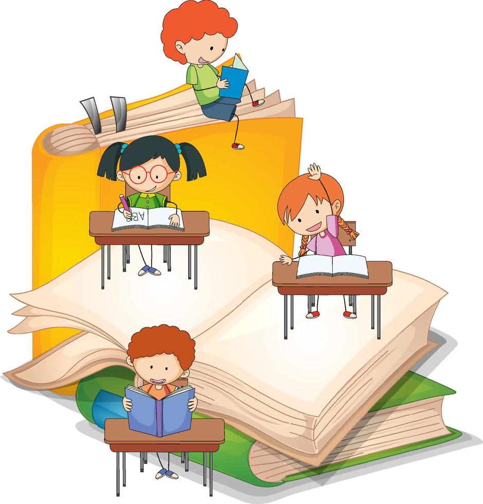 Kinder lesen Bücher auf einem Stapel Bücher vektor