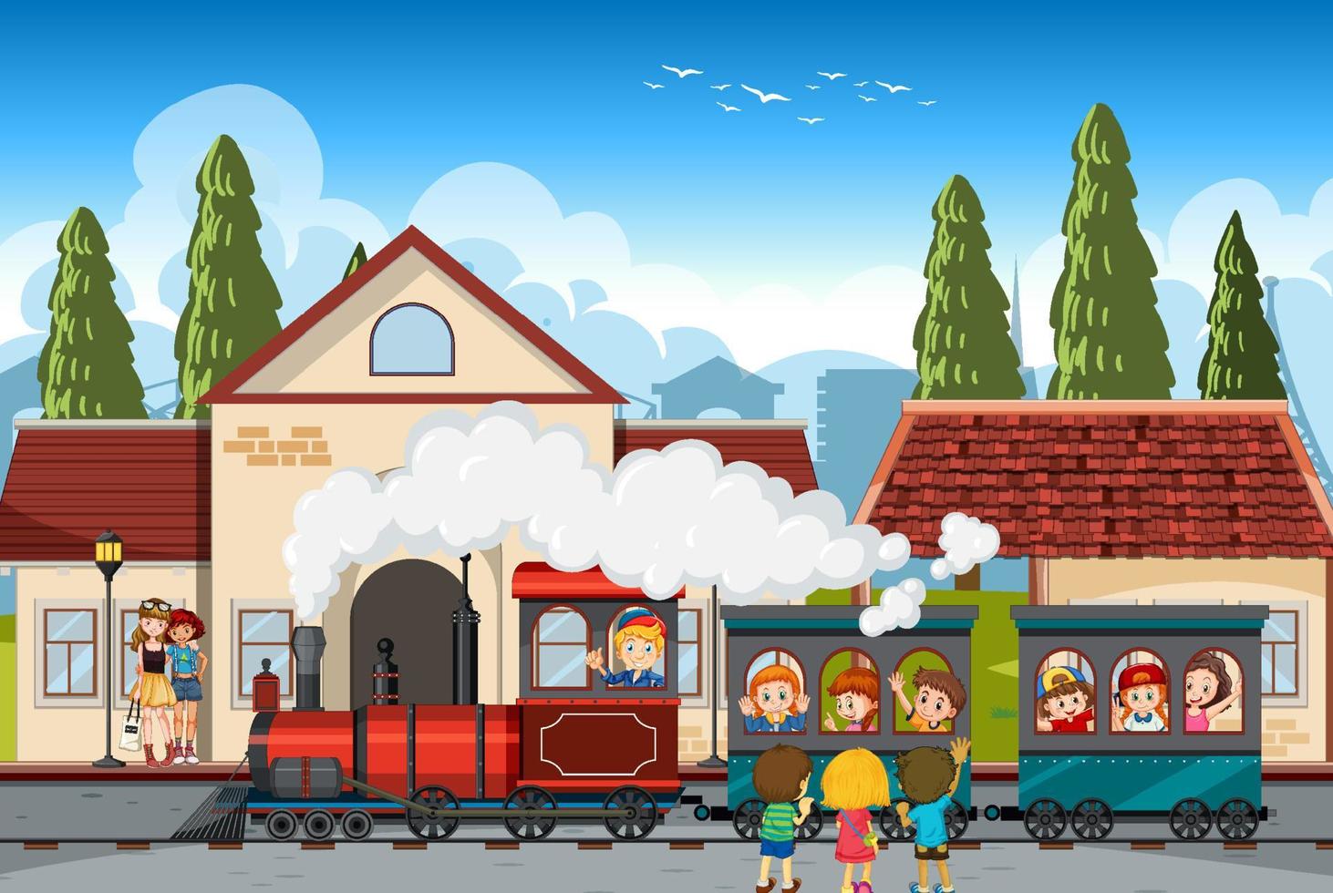 scen med barn som åker tåg i staden vektor