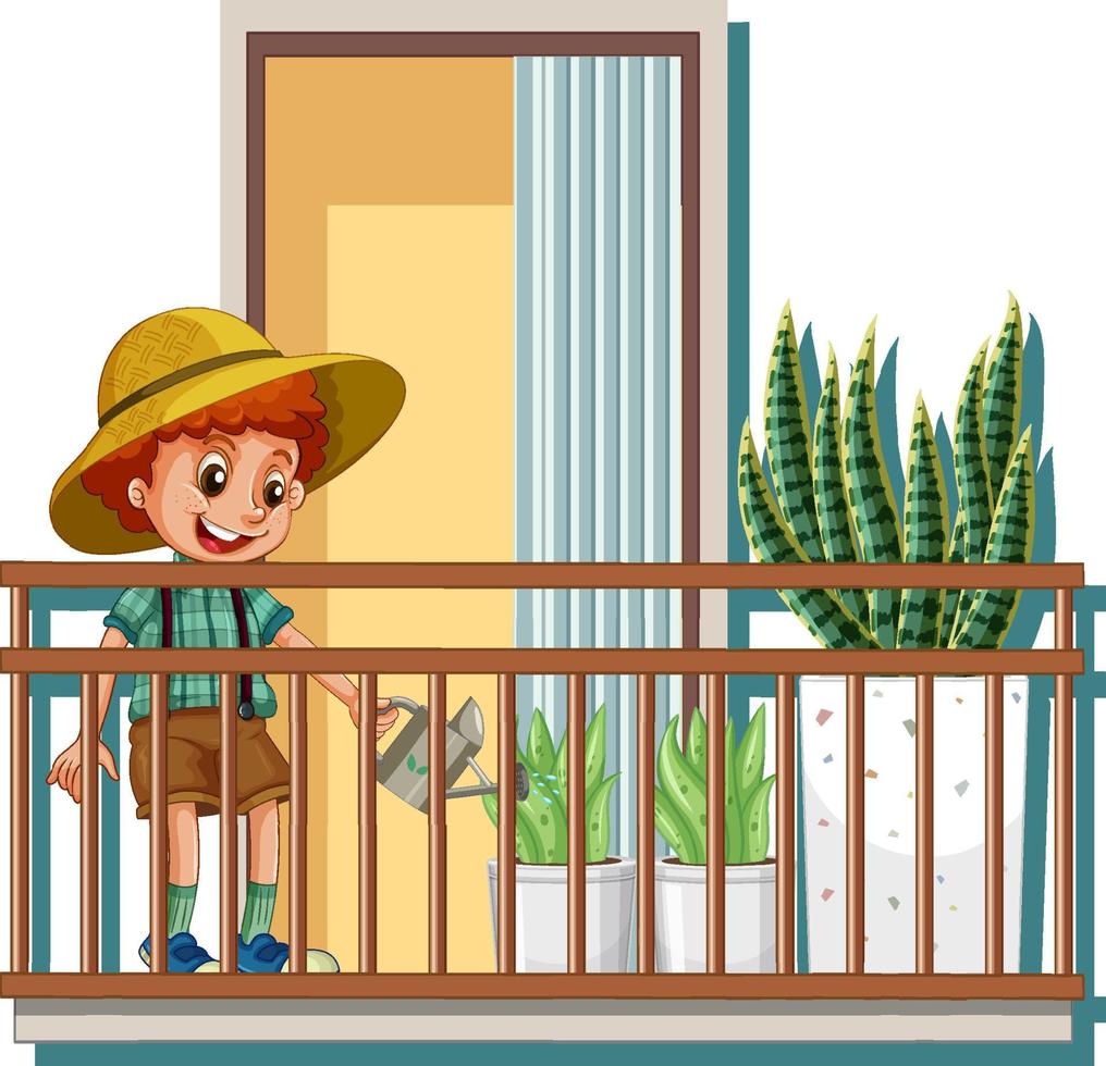en pojke som vattnar växter och står på balkongen vektor