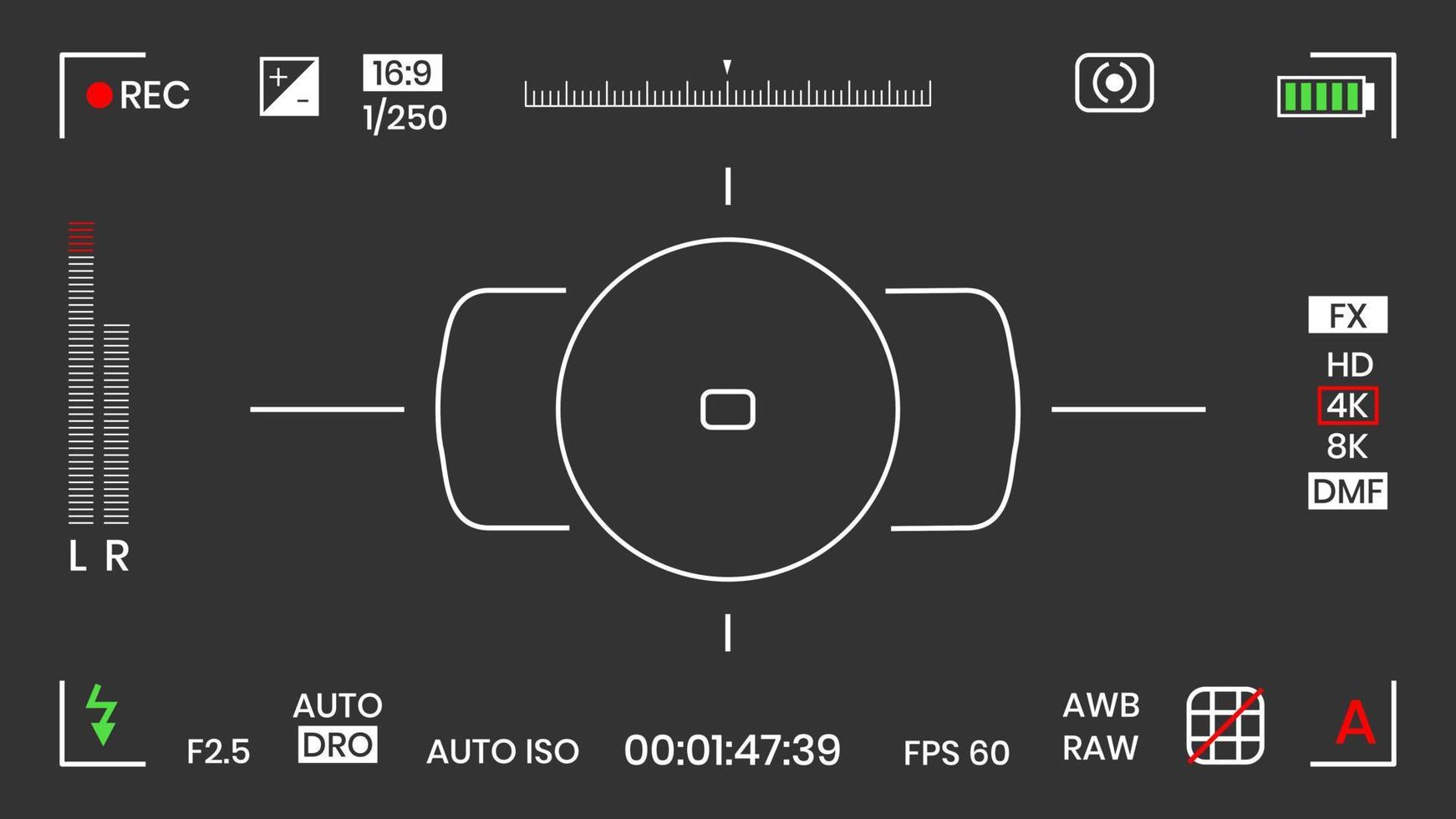 Kamera-Sucher-Video- oder Fotorahmen-Recorder flache Design-Vektorillustration. digitalkamera-sucher mit belichtungseinstellungen und fokussiergittervorlage. vektor