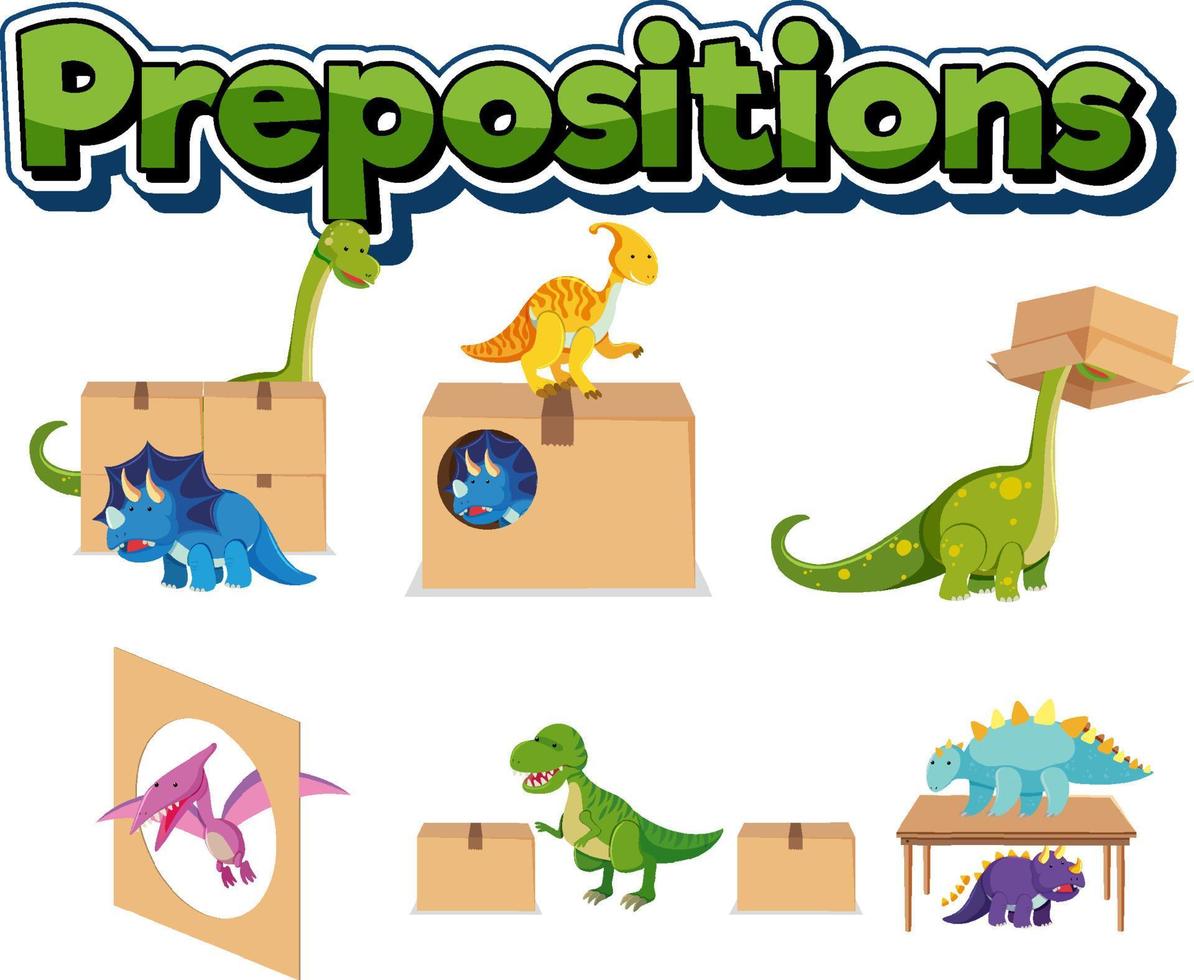 preposition ordkort med dinosaurie och låda vektor