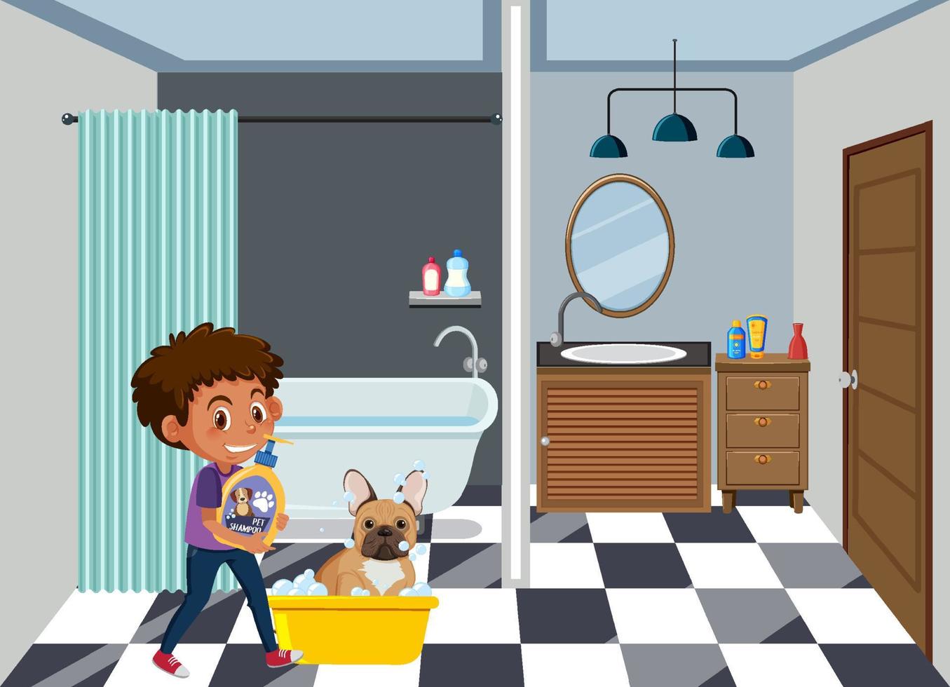 en pojke som tvättar sin hund i badrummet vektor