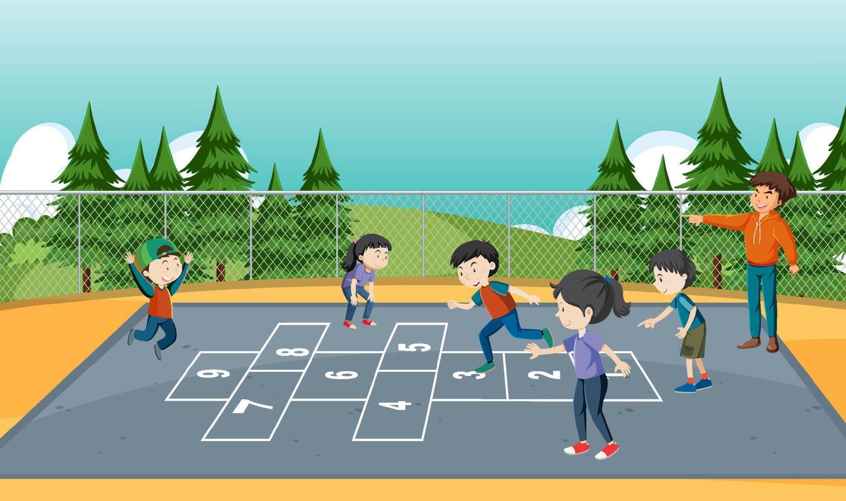 Kinder, die im Park ein Hopse-Spiel spielen vektor