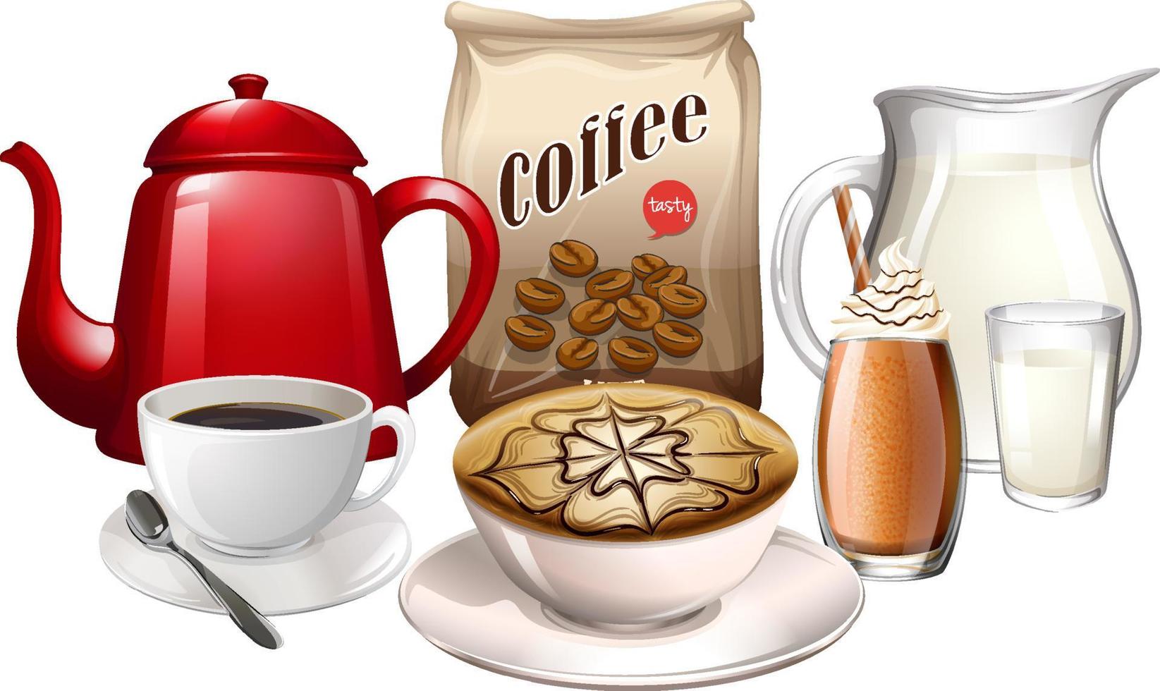 Kaffeepaket mit Wasserkocher und Tasse vektor