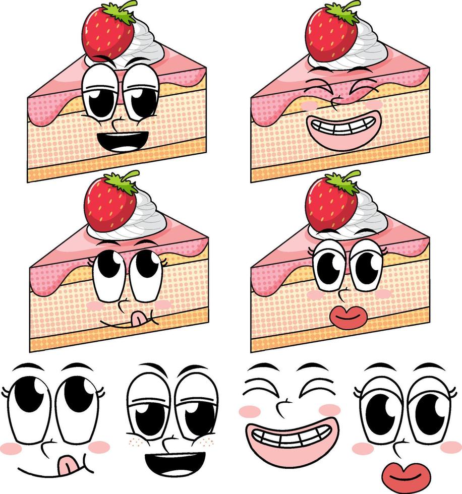 Satz von Gesichtsausdruck Vintage-Stil Cartoon mit Kuchen auf weißem Hintergrund vektor