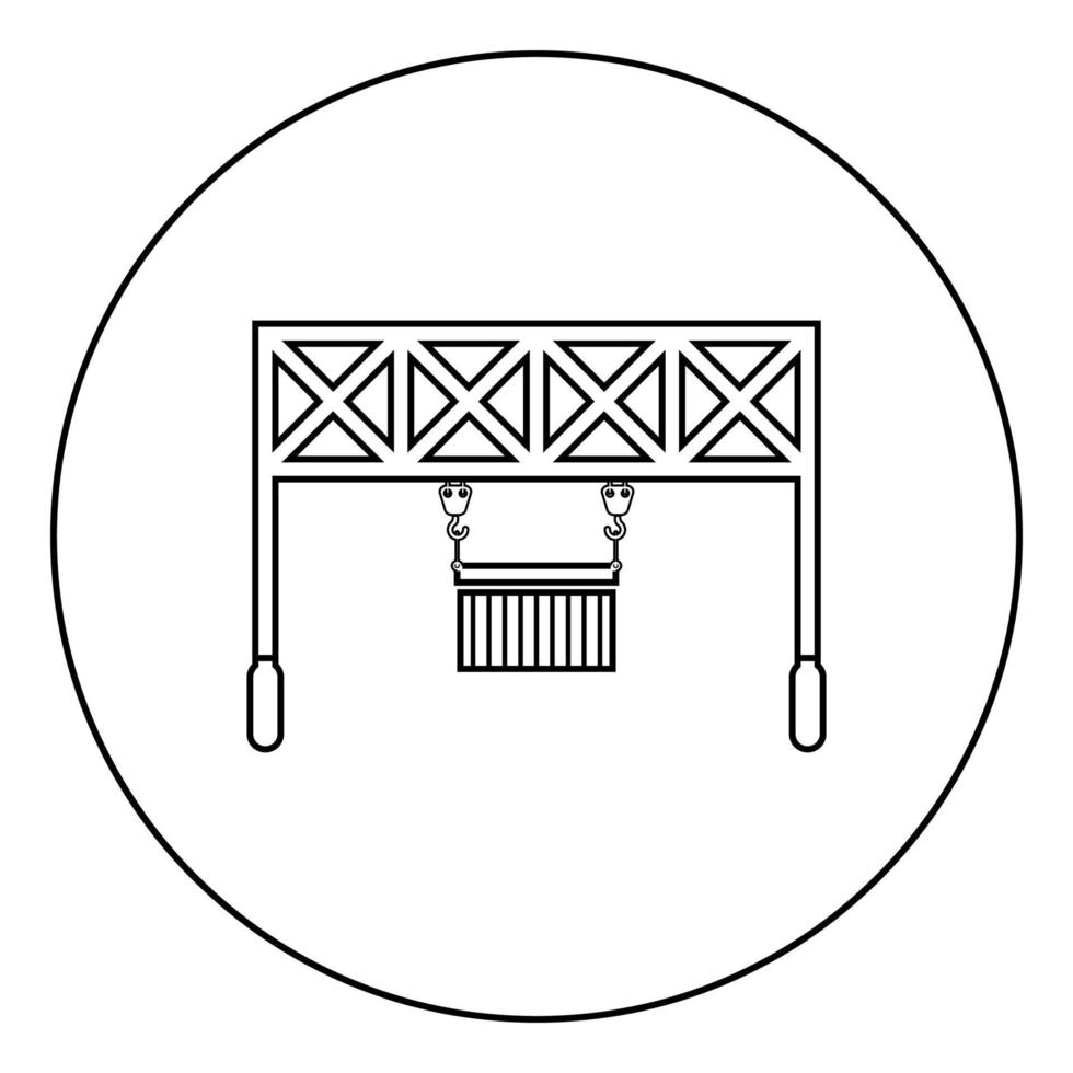 Hafenlader-Eisenbahnkran mit Frachtcontainer, der Güterlogistik-Technologie-Terminal-Service-Symbol im flachen Stilbild des Kreises runder Umriss schwarze Farbvektorillustration hebt vektor