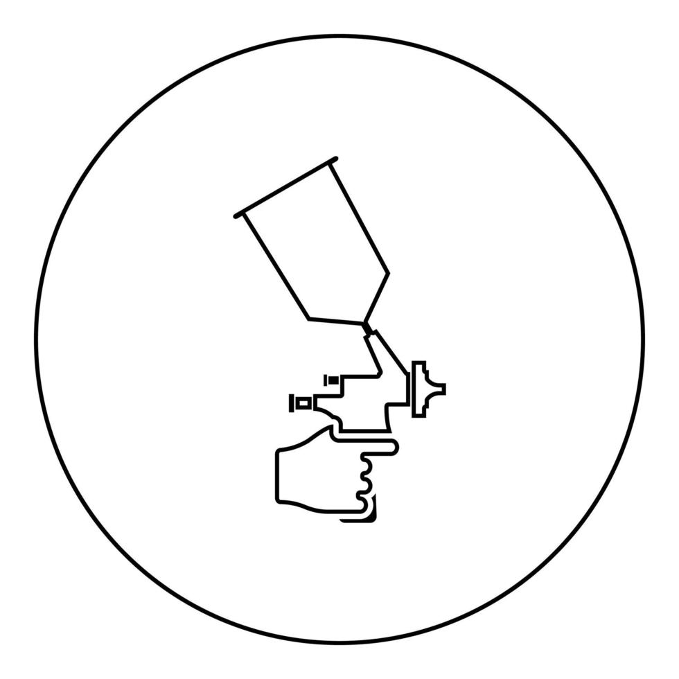 sprutpistol som håller i handen spruta med hjälp av arm använd verktyg atomizer pulveriserare ikon i cirkel rund svart färg vektorillustration solid kontur stilbild vektor