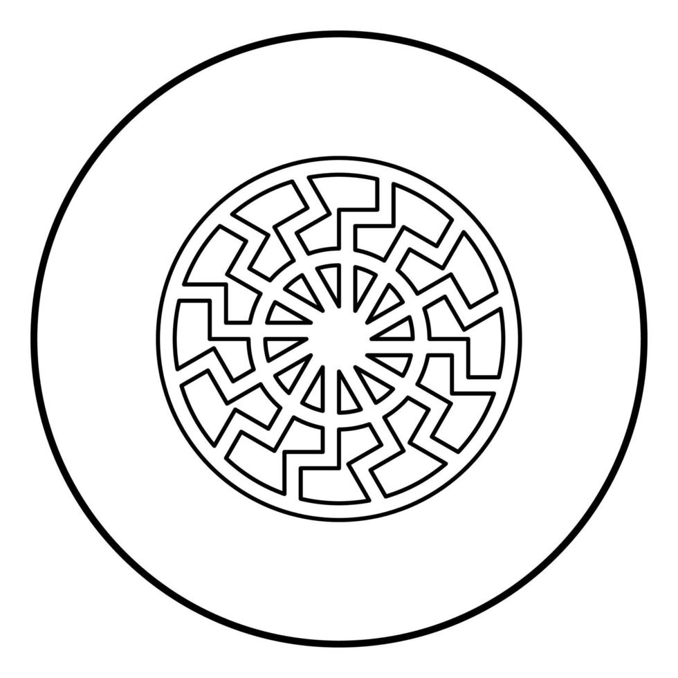 Schwarzes Sonnensymbol Symbol Umriss schwarzer Farbvektor im Kreis rundes flaches Stilbild der Illustration vektor