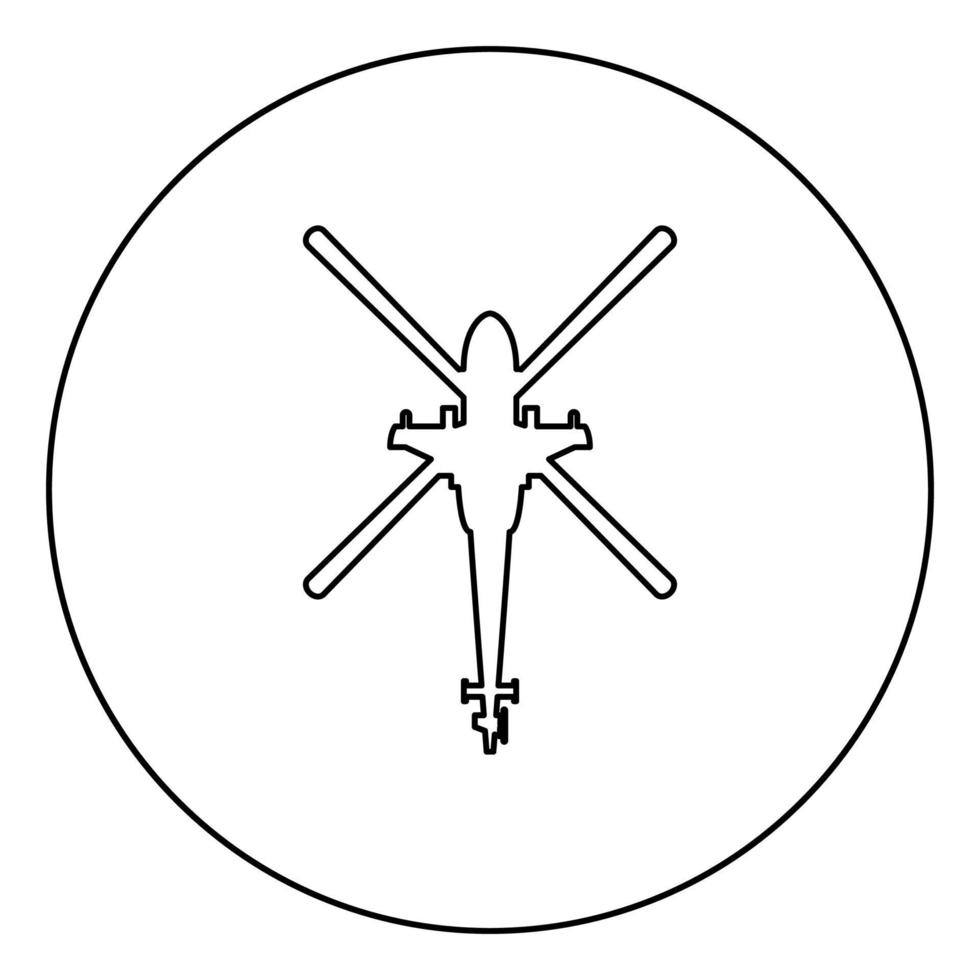 Helikopter Draufsicht Kampfhubschrauber Symbol im Kreis runden Umriss schwarz Farbe Vektor Illustration flachen Stil Bild