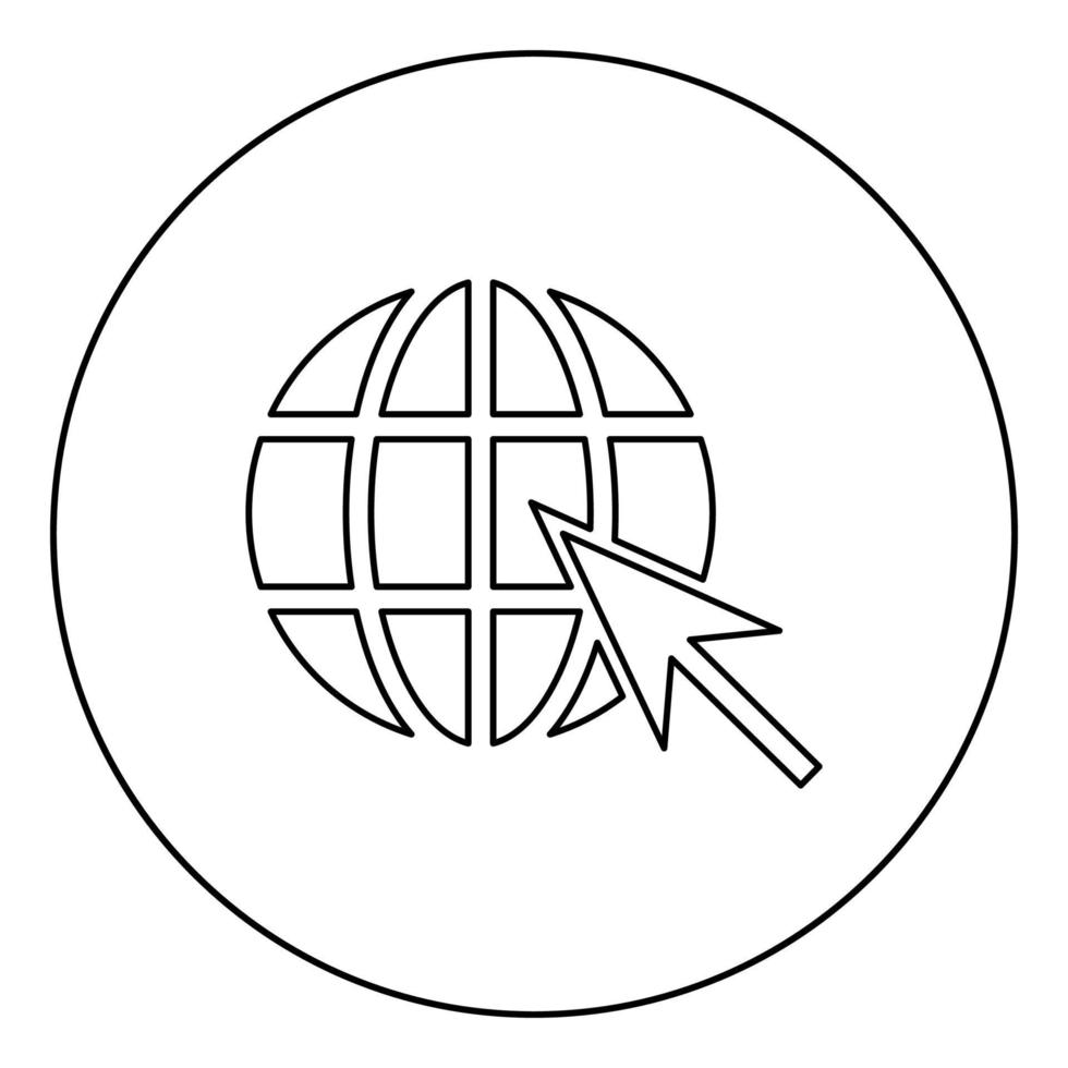 jorden boll och pil globalt webb internet koncept sfär och pil webbplats symbol ikon i cirkel rund kontur svart färg vektor illustration platt stil bild