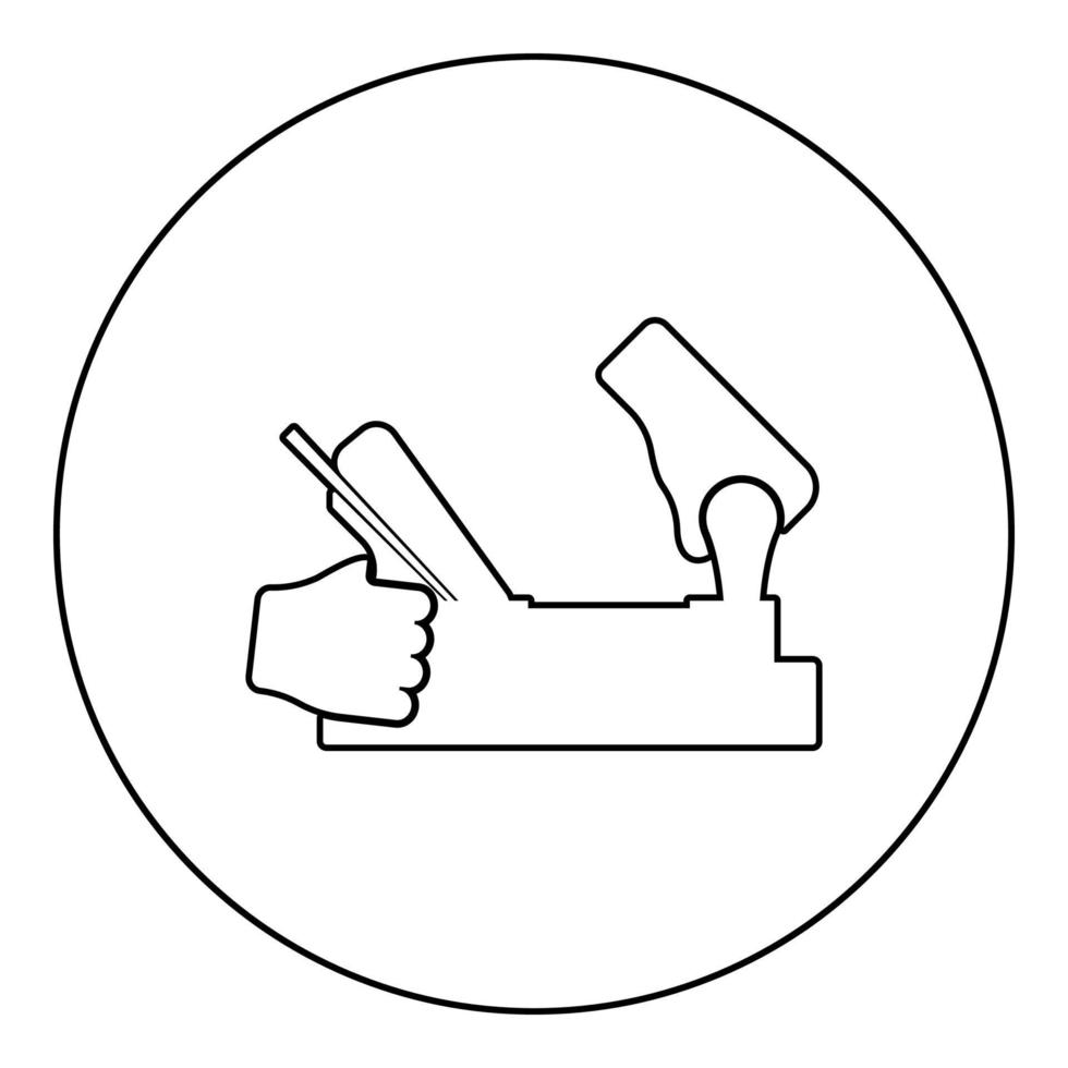 Jointer-Jack-Ebene in der Hand, die das Werkzeug hält, verwenden Sie den Arm mit dem Instrument mit Holzsymbol im Kreis, rund, schwarze Farbvektorillustration, festes Umriss-Stilbild vektor