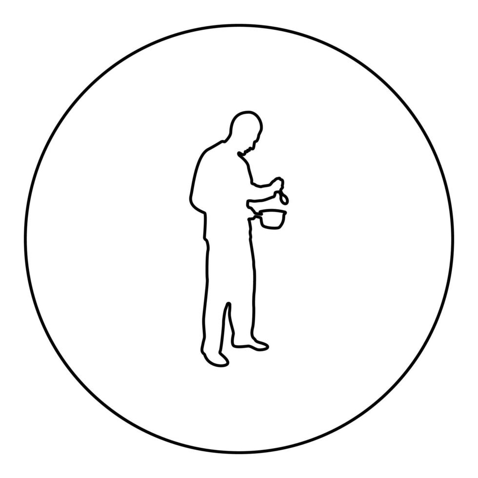 Mann mit Topflöffel in seinen Händen, der Essen zubereitet, männliches Kochen, Verwendung von Sauciers, Silhouette im Kreis, rund, schwarz, Farbe, Vektorgrafik, Kontur, Umriss, Stilbild vektor