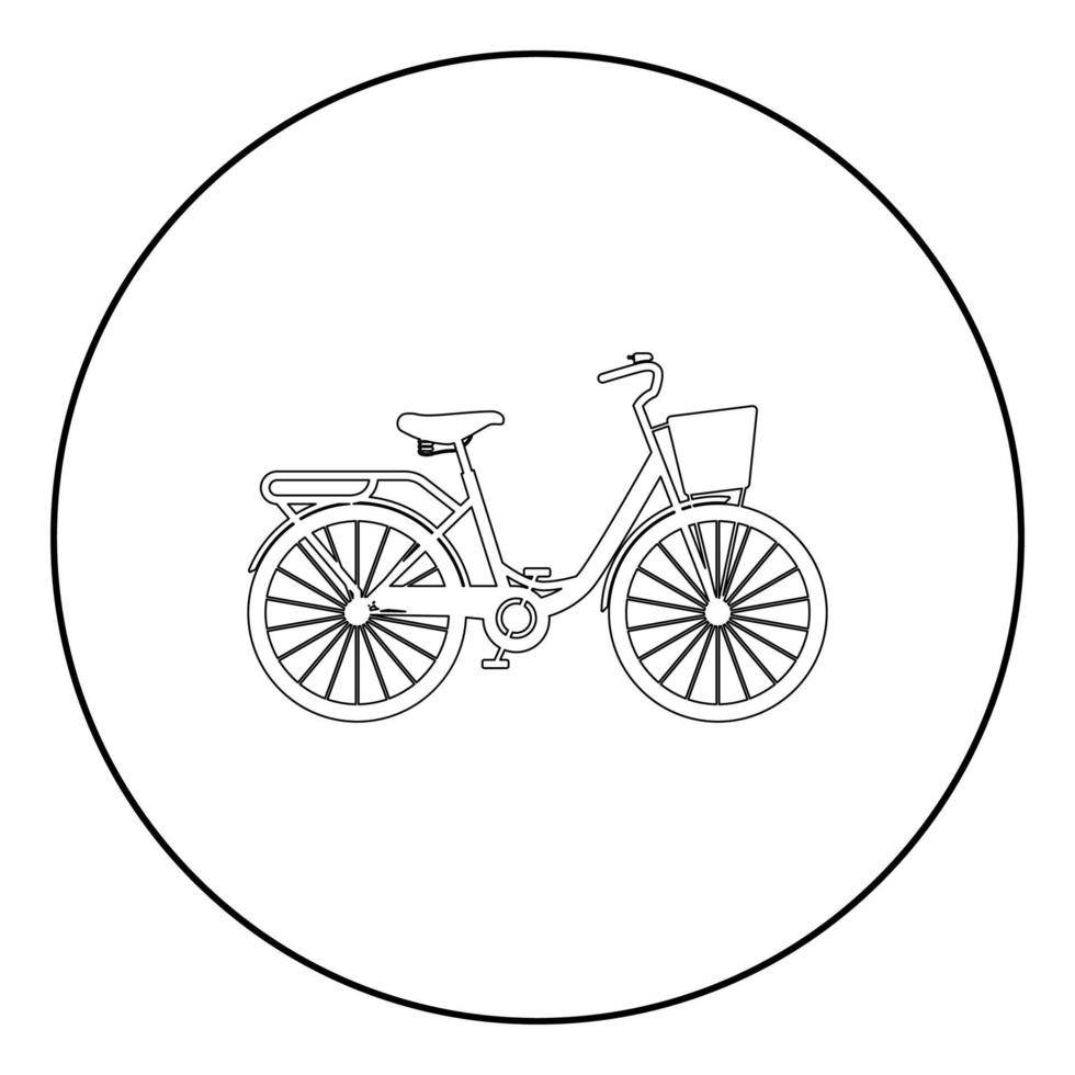 kvinnas cykel med korg dam beach cruiser cykel vintage cykelkorg dam väg cruising ikon i cirkel rund kontur svart färg vektor illustration platt stil bild