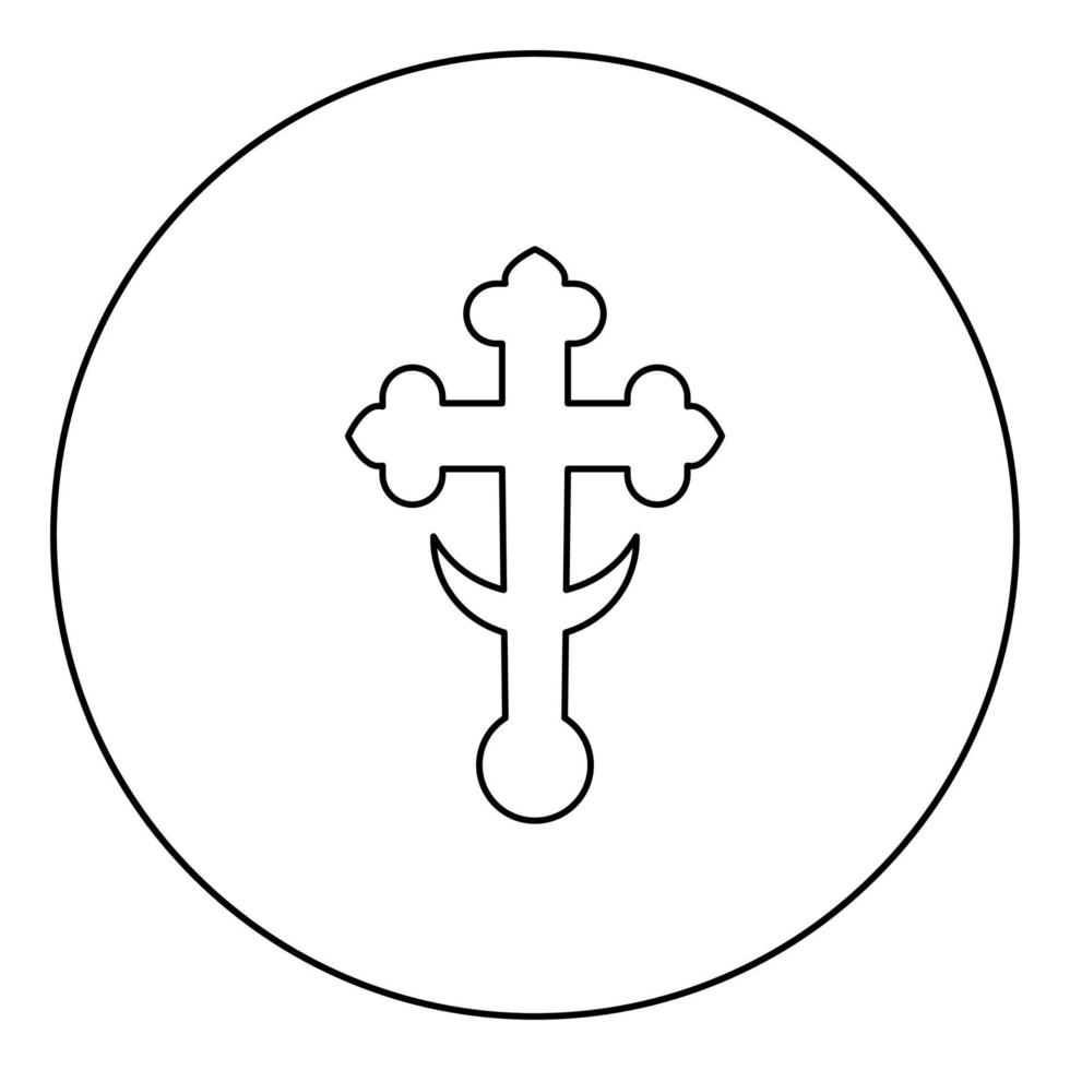 Kreuz-Kleeblatt-Kleeblatt auf Kirchenkuppel Domical mit halbmondförmigem Kreuzmonogramm religiöses Kreuzsymbol im flachen Stilbild des Kreises runder Umriss schwarze Farbvektorillustration vektor