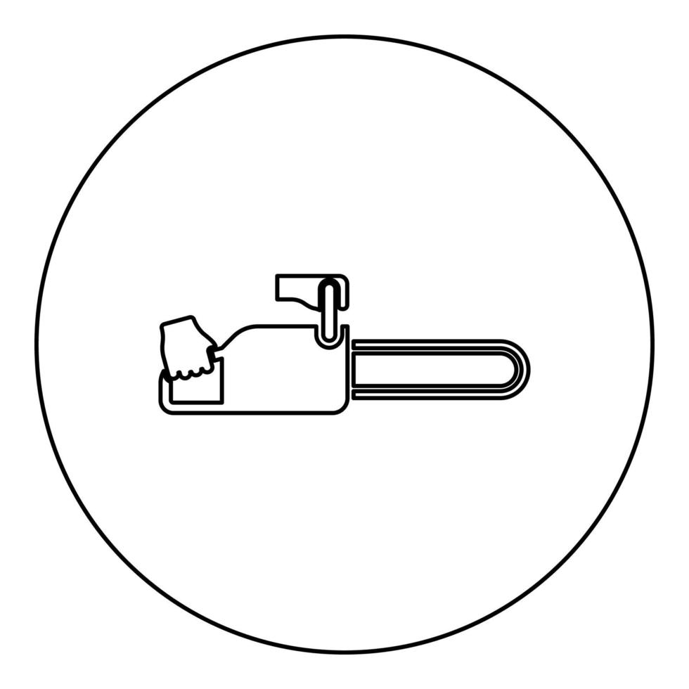 motorsåg i hand skogshuggare ikon i cirkel rund svart färg vektor illustration bild kontur kontur linje tunn stil