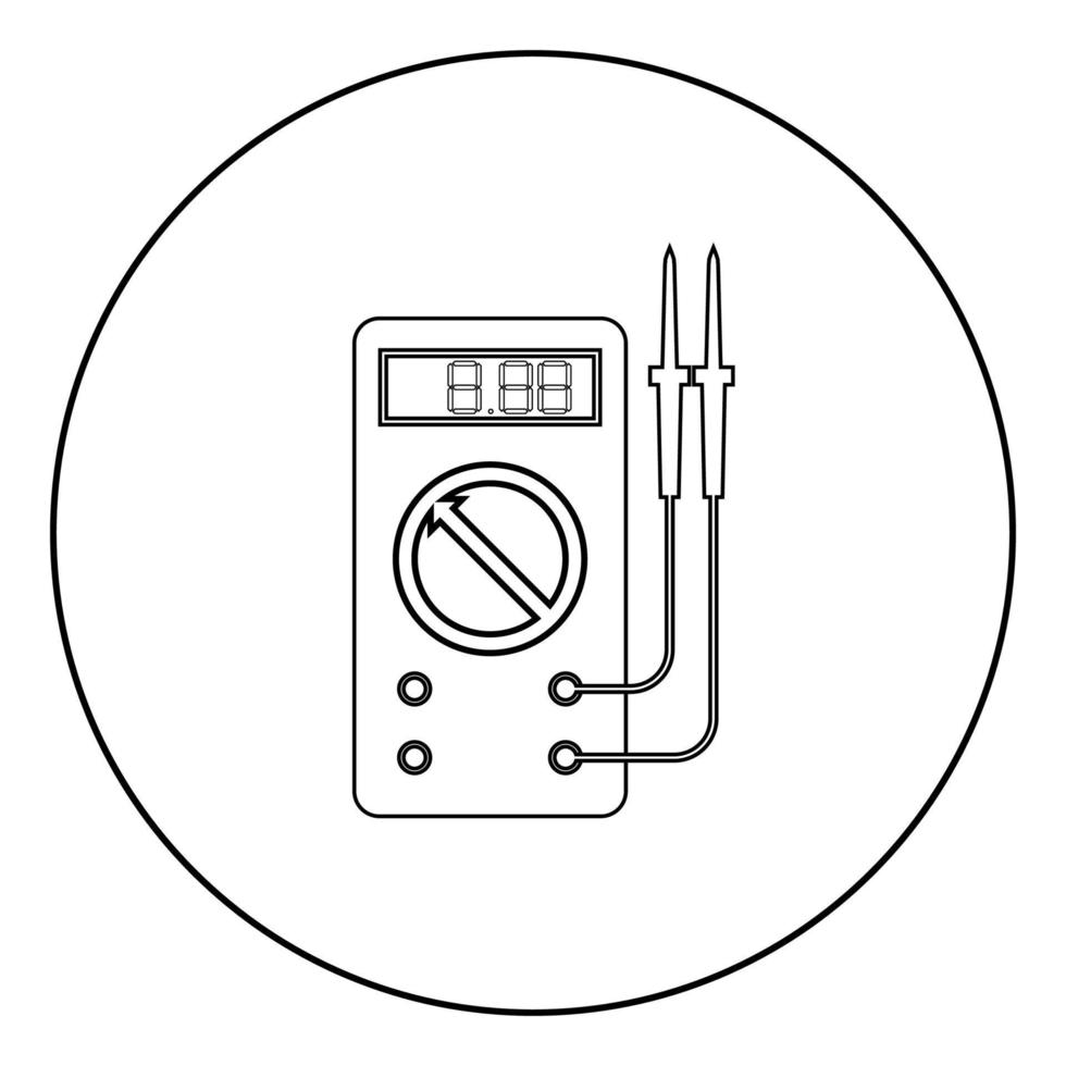 digitales Multimeter zum Messen elektrischer Indikatoren AC-DC-Spannung Ampere Ohmmeter Leistung mit Sondensymbol im Kreis runder Umriss schwarze Farbvektorillustration flaches Bild vektor