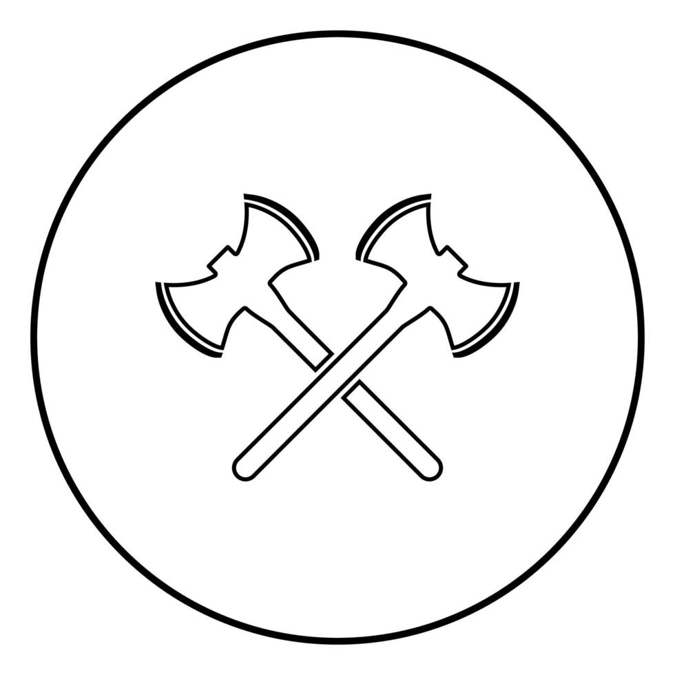 två dubbelsidiga vikingsyxor ikonen kontur svart färg vektor i cirkel rund illustration platt stil bild