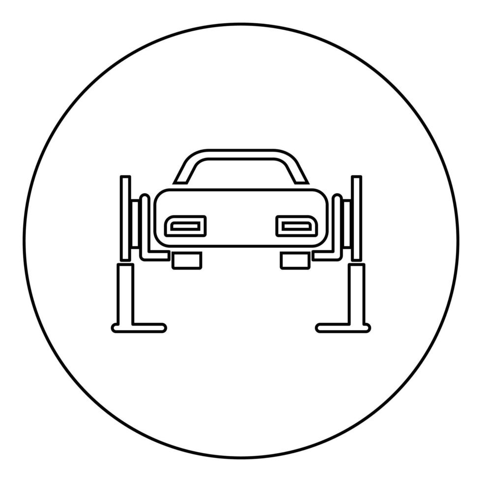 Autolift Autoreparaturservice Konzept Auto auf Fixlift Auto angehoben auf Autolift Symbol im Kreis runder Umriss schwarze Farbe Vektor Illustration Flat Style Image