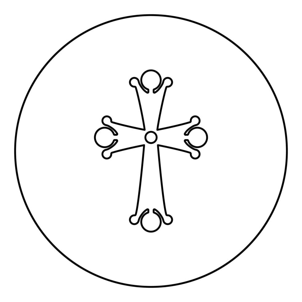 vierzackiges Kreuz tropfenförmiges Kreuzmonogramm religiöses Kreuzsymbol im Kreis runder Umriss schwarze Farbvektorillustration flaches Stilbild vektor
