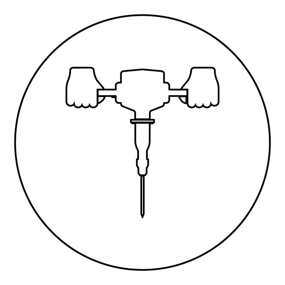 Presslufthammer in der Hand, die Elektrowerkzeug hält, verwenden Sie den Arm mit dem Symbol für elektrische Instrumente im Kreis, runde schwarze Farbvektorillustration, solides Umrissstilbild vektor