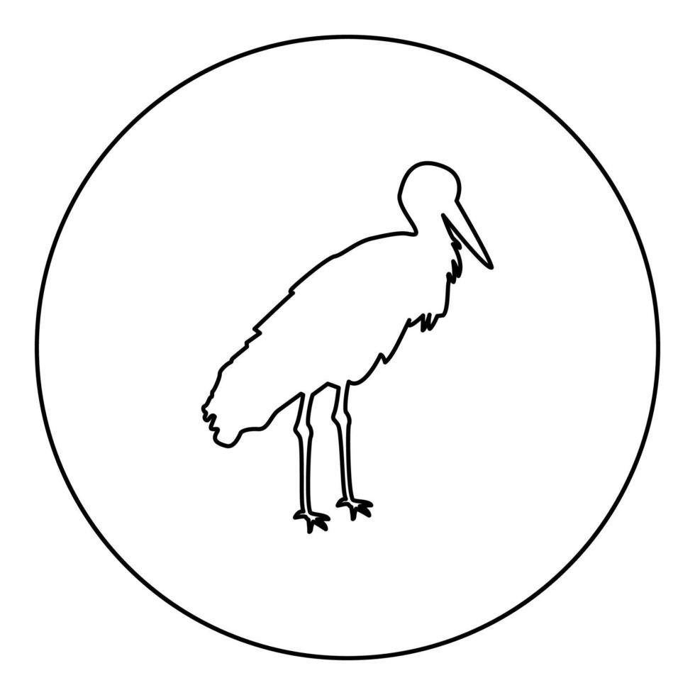 Storch Vogel stehend Kran Reiher Silhouette im Kreis rund schwarz Farbe Vektor Illustration Kontur Umriss Stil Bild