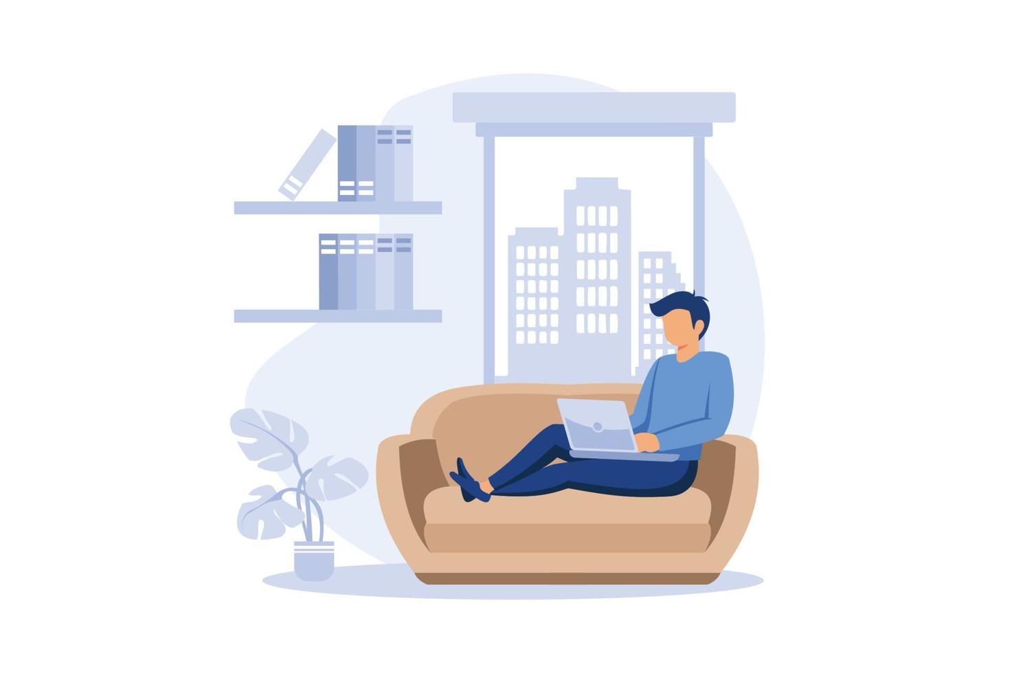 ung man sitter med laptop i soffan hemma. arbetar på en dator. frilans, onlineutbildning eller koncept för sociala medier. vektor illustration isolerade på vitt