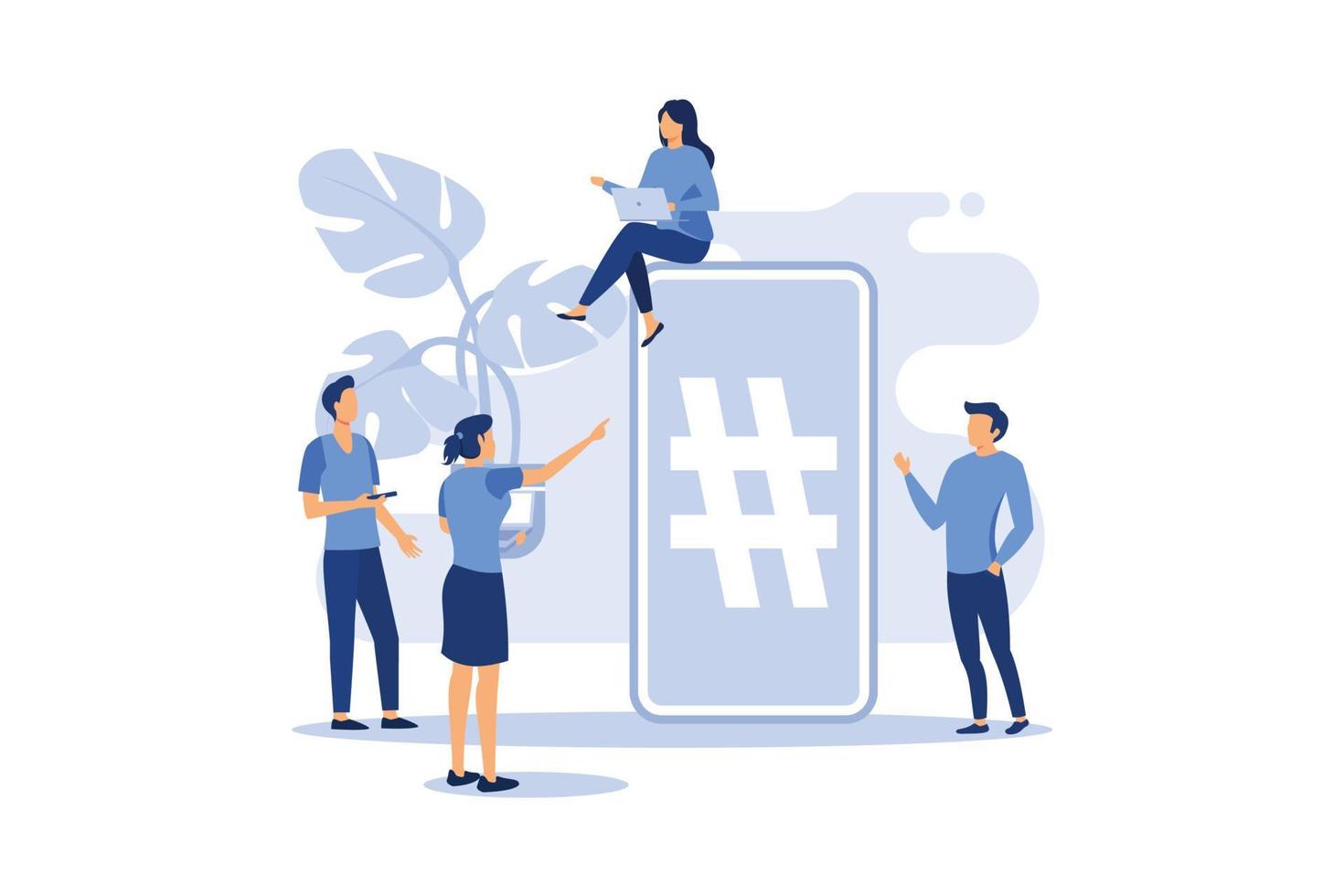 telefon med hashtag tecken, människor och sociala nätverk vektor platt modern design illustration