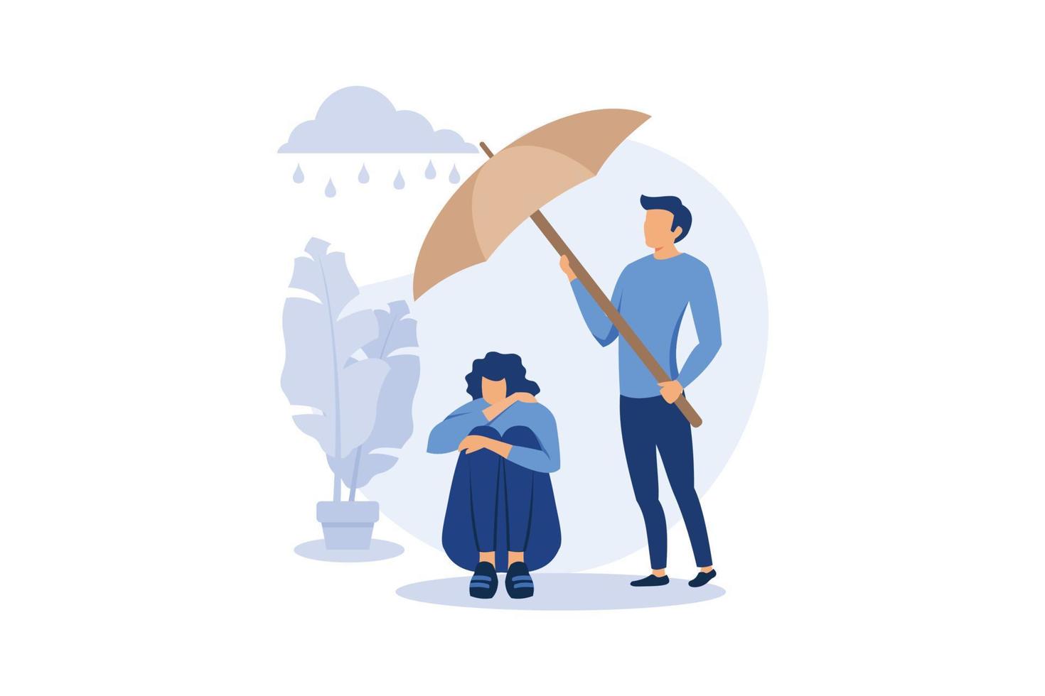 koncept för stöd för dem som är stressade, en ung man håller fram ett paraply från regnet till ett annat i ett tillstånd av depression platt modern designillustration vektor