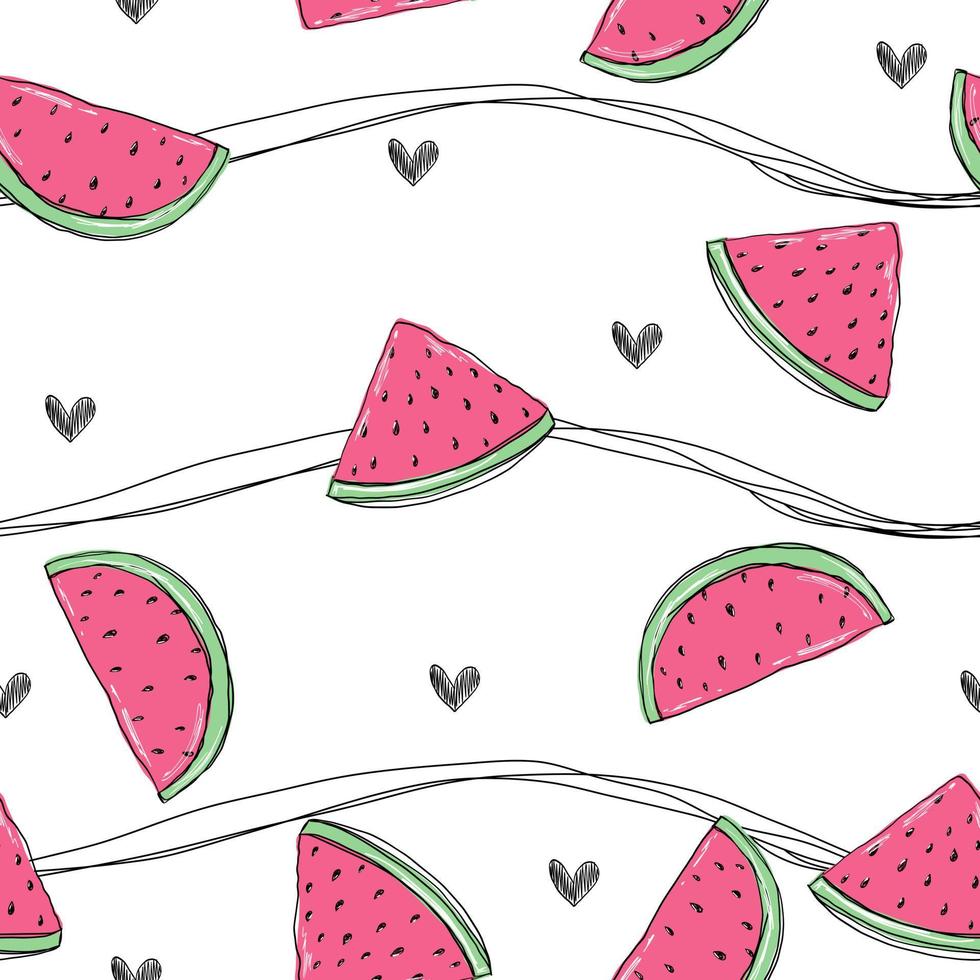 söt vattenmelon vit mönster frukt med hjärtan linje doodle sömlös bakgrund. textilier för kök, baby. minimalism pappersklippbok för barn. vektor