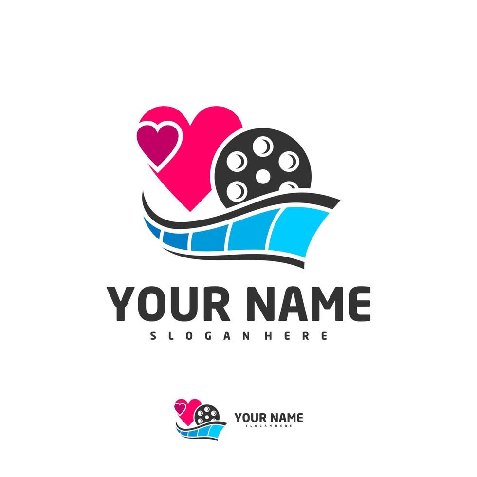 cinema love logotyp vektor mall, kreativ filmremsa bio logotyp designkoncept