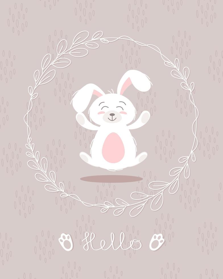 süßes hasen-, baby- und kinderkonzept. fröhliche osterkaninchen verschiedene posen zeichentrickfiguren. Karte mit süßem Hasen. Hase mit Blumenblättern. design für baby, kinderposter, karte, einladung. Vektor