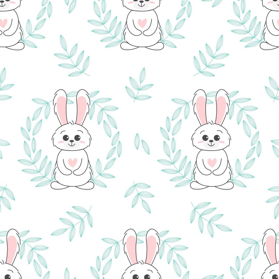 nahtloses muster des niedlichen häschen-, baby- und kinderkonzeptes. fröhliche osterkaninchen verschiedene posen zeichentrickfiguren. Hase mit Blumenblättern. design für baby, kinderposter, karte, einladung. Vektor